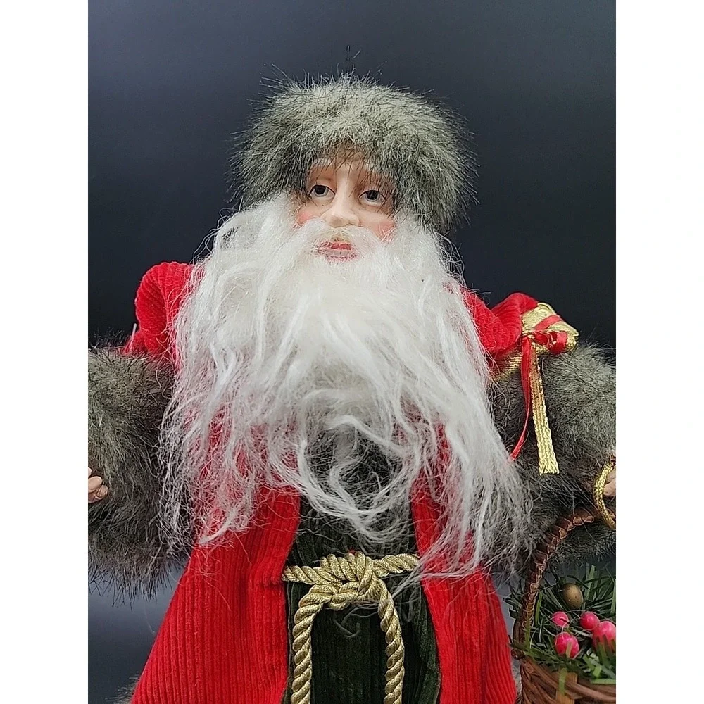 Old World Santa Christmas Tree Topper 13 Inch Red Green Corduroy Faux Fur Trim